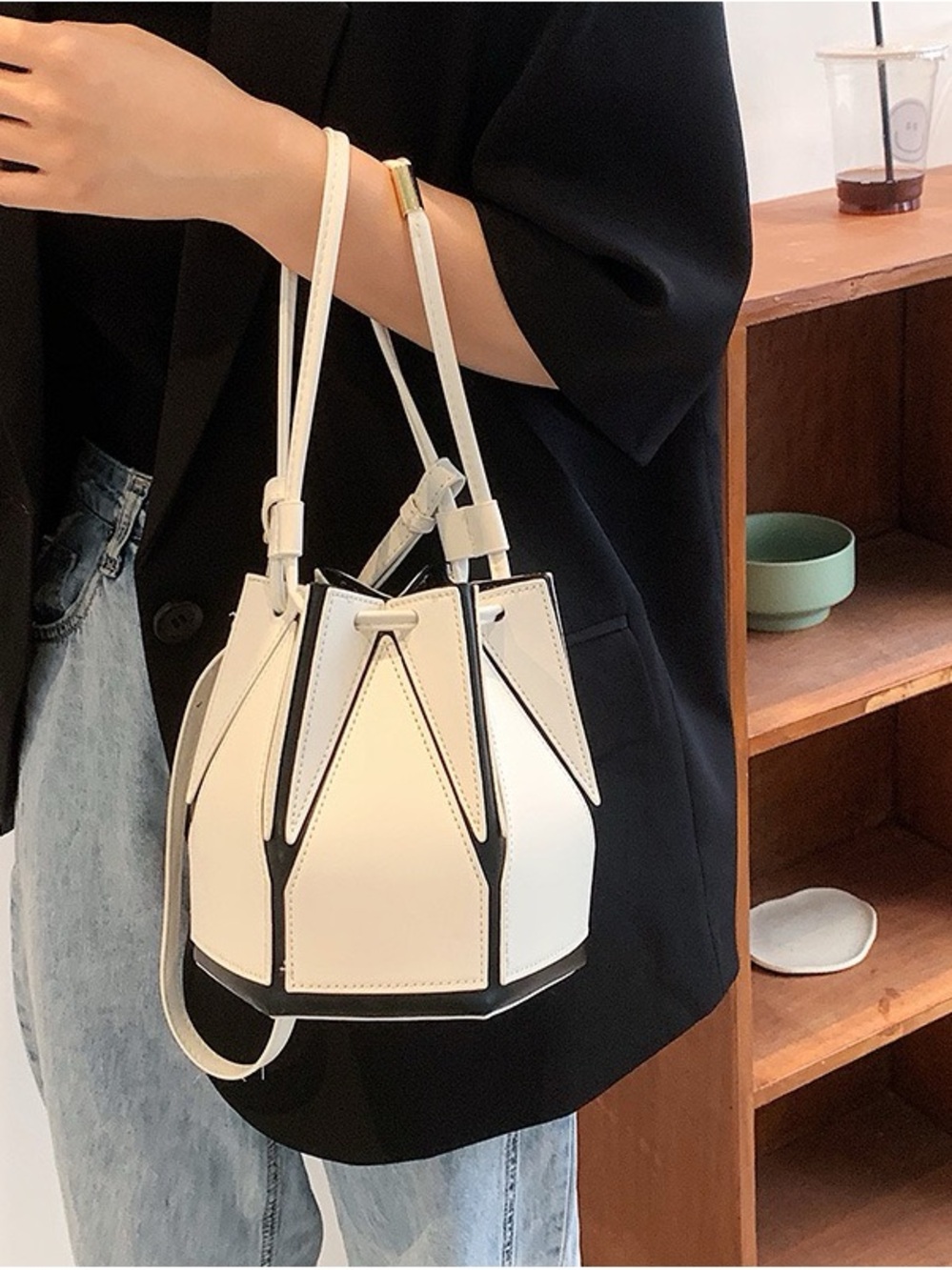 Geometric Colorblock Drawstring Bucket Crossbody Bag – Black or White